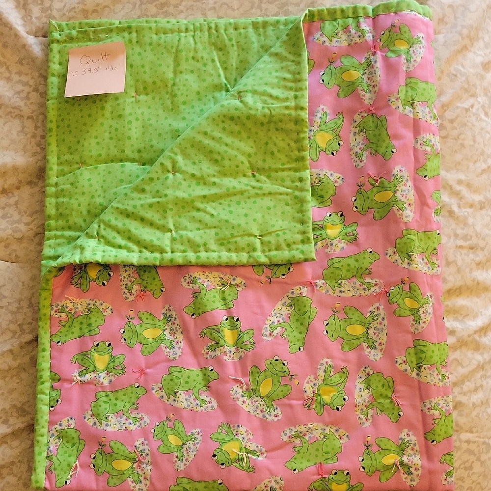 Green and Pink Frog Patterned Quilt- Handmade